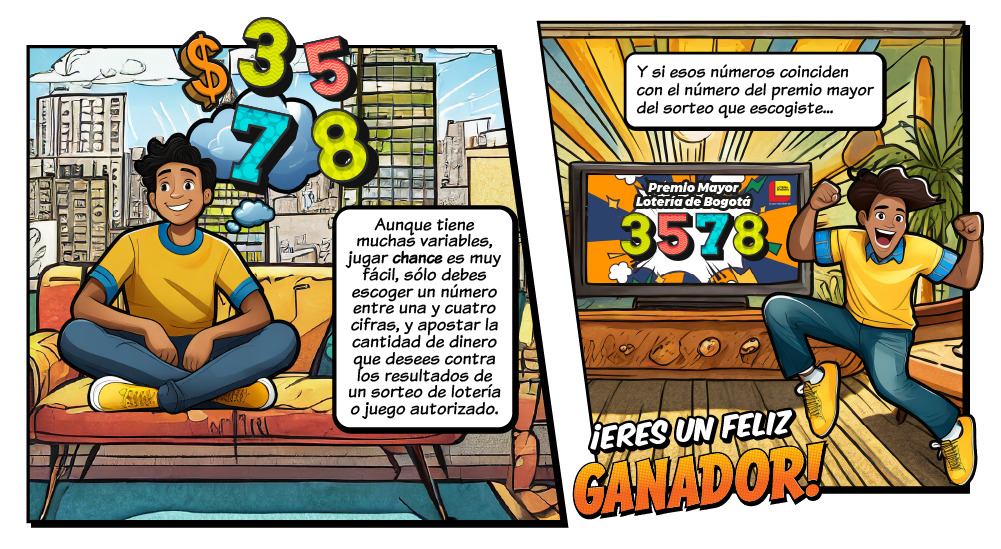 Aunque tiene muchas variables, jugar chance es muy fácil, solo debes escoger un número entre una y cuatro cifras, y apostar la cantidad de dinero que desees contra los resultados de un sorteo de lotería o juego autorizado. Y si esos números coinciden con número del premio mayor que escogiste... ¡Eres un feliz ganador!