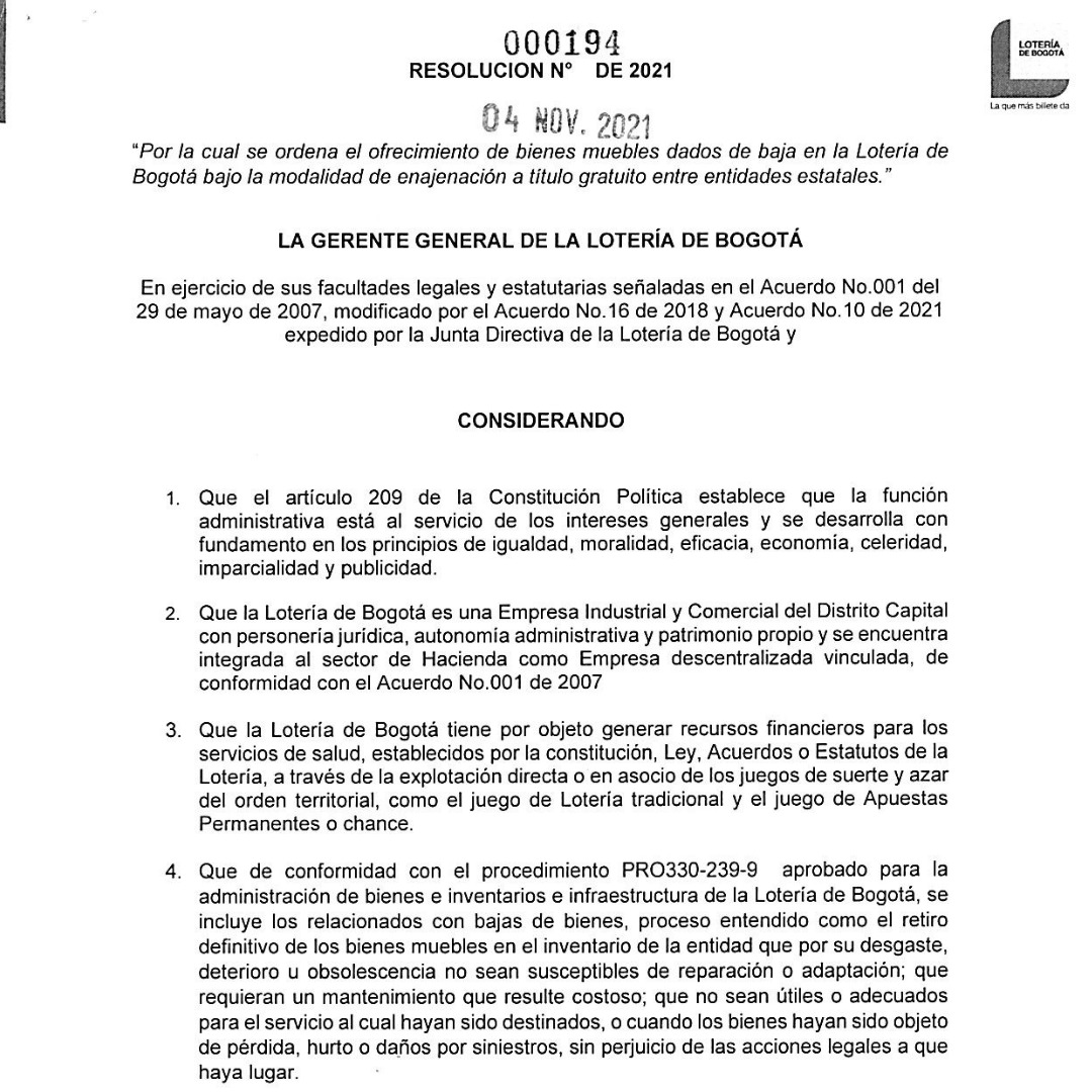 Ofrecimiento de muebles dados de baja en la Lotería de Bogotá